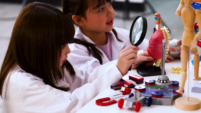 Asian Children in Science Lab Examining Human Anatomy Model