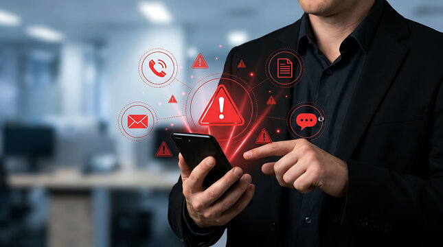 Businessman using smartphone with cyber threat security warning system icons