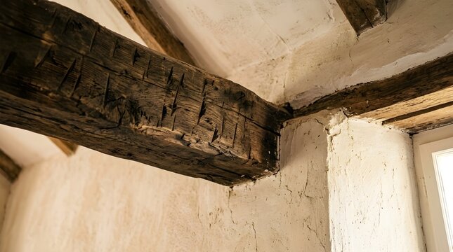 Rustic Old Hand Hewn Wooden Ceiling Beam with Textured Plaster Wall