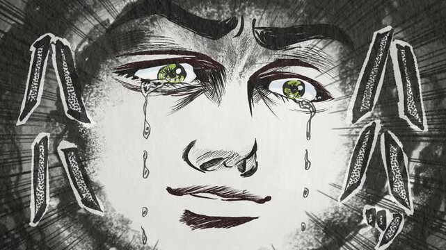 青年誌主人公風濃い顔のイケメンが泣きながら戸惑って喋るアニメと暗雲背景