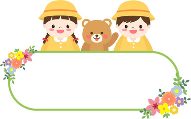 Fototapeta premium Cute School Children and Bear Blank Memo Frame Illustration