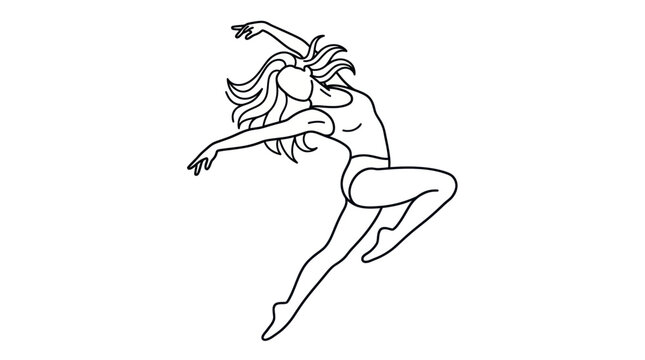 Graceful dancing woman jumping line art sketch.