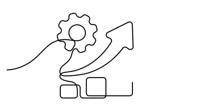 Self drawing line animation Productivity bar chart with gear continuous one single line drawn, Graph going up with an arrow, business concept animation 4k video