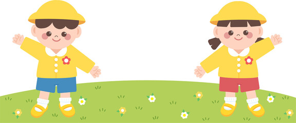 Fototapeta premium Cute Kindergarten Kids Frame with Green Grass and Copy Space