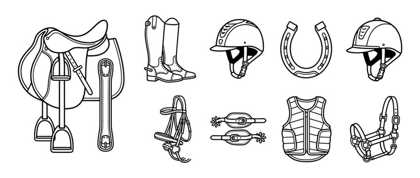 Equestrian Gear Collection Isolated Line Art