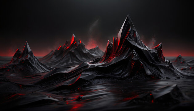 Abstract 3D Dark Obsidian Mountain Waves with Sharp Edges and Dramatic Red Glow Background