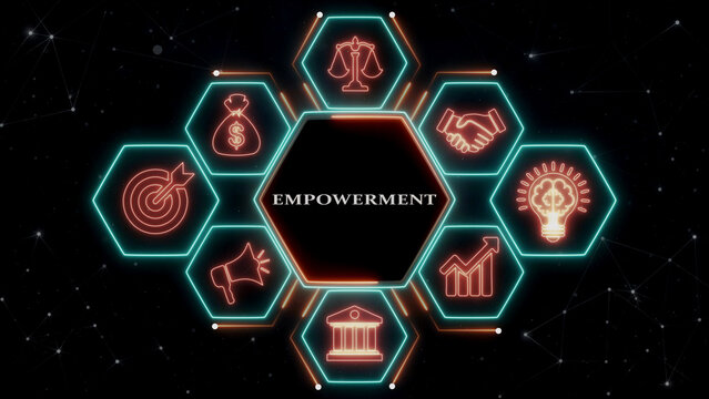 Empowerment concept with icons symbolizing growth success and business collaboration on network.