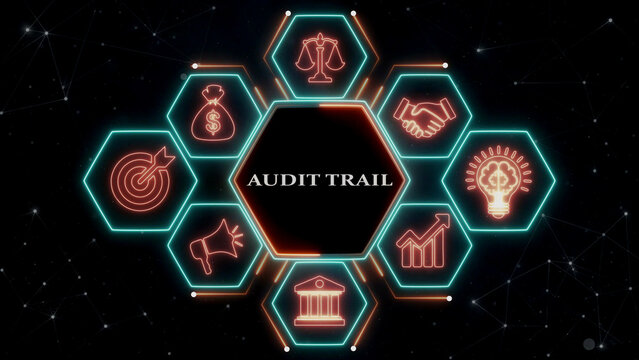 Audit trail concept with icons representing business and finance elements on a network background.
