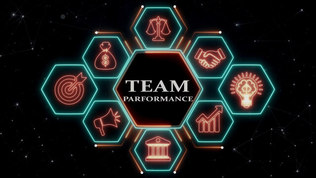 Team performance concept with icons showing success finance and collaboration on network.