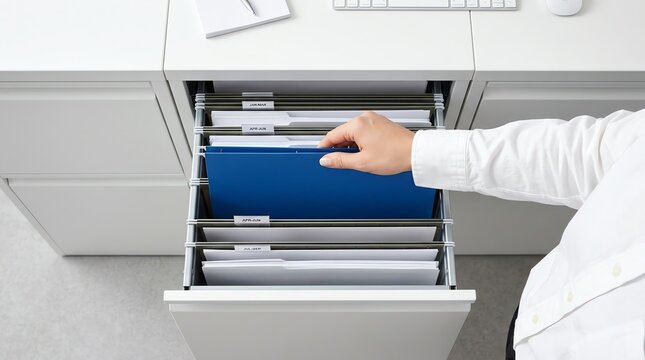 Man searching for files in an open office drawer holding a blue folder high angle view