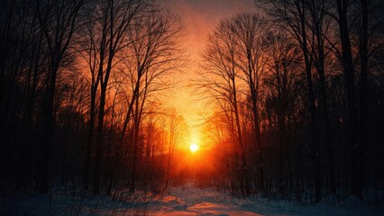 Obraz premium Winter sunset through forest trees.
