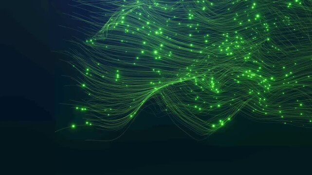 Green particle streams flow dynamically across a dark glowing background in a high tech motion loop.
