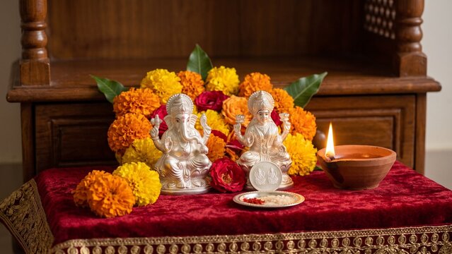 Silver Lord Ganesha and Goddess Lakshmi Idols on Puja Altar with Burning Diya and Marigold Flowers for Diwali Festival