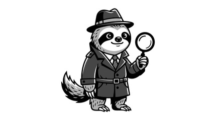 Obraz premium A black and white illustration of a cute sloth dressed as a detective holding a magnifying glass.