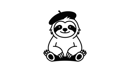 Obraz premium A charming black and white line art illustration of a cute sloth wearing a stylish beret.