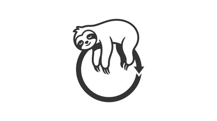 Obraz premium A minimalist black and white illustration of a sloth resting on a circular arrow symbol.