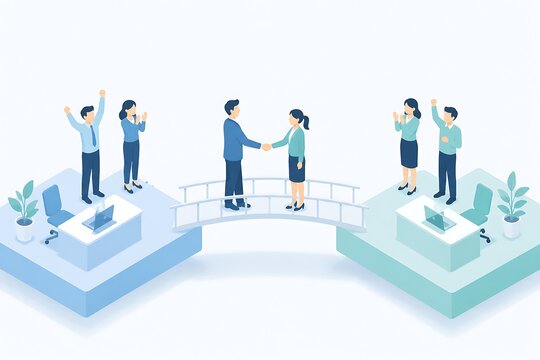 企業間連携とビジネスパートナーシップを表現したイラストレーション｜Business Partnership and Corporate Collaboration Connected by a Bridge