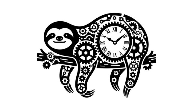 Steampunk sloth illustration featuring intricate mechanical gears and a classic roman numeral clock face.