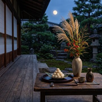 Traditional Moon Viewing Display with Pampas Grass and Dango