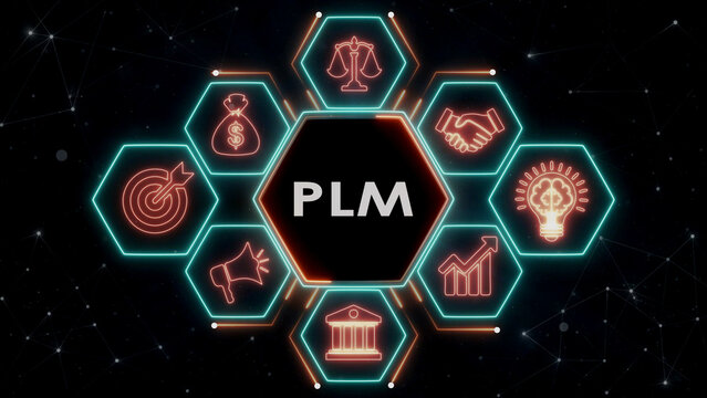 Plm text glowing neon hexagon interface design for product lifecycle management sys.