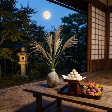 Traditional Moon Viewing Display with Pampas Grass and Dango