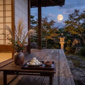 Traditional Moon Viewing Display with Pampas Grass and Dango