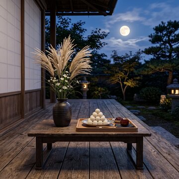 Traditional Moon Viewing Display with Pampas Grass and Dango