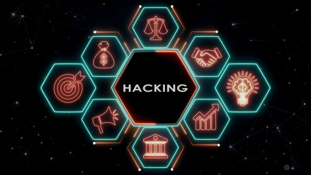 Hacking digital concept features neon hexagon icons against tech constellation.