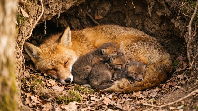 Mother red fox sleeping with her cute newborn kits in a forest den