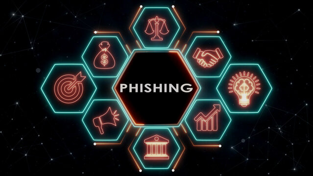 Phishing cybersecurity graphic displays neon hexagon symbols on black background.