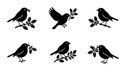 Fototapeta premium Six Silhouette Robin Icons, Festive Holly Branch Vector Set, Winter Bird Collection