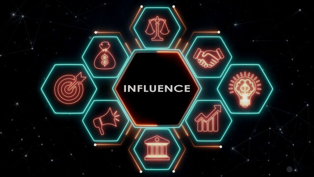 Influence marketing strategy shows neon icon cluster in dark digital landscape.