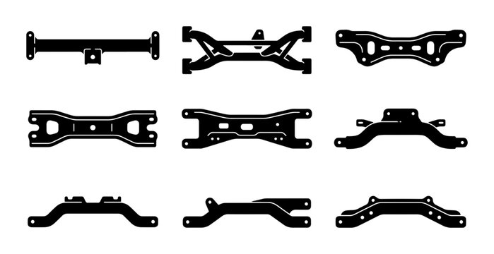 Automotive Subframe Vector Icons, Car Chassis Components, Black Metal Parts Collection