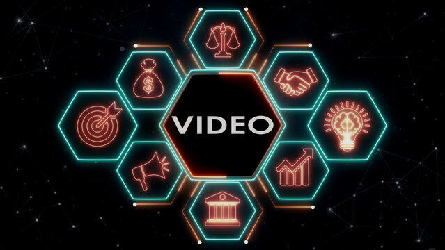 Video production concept utilizes neon glowing hexagons for digital media use.