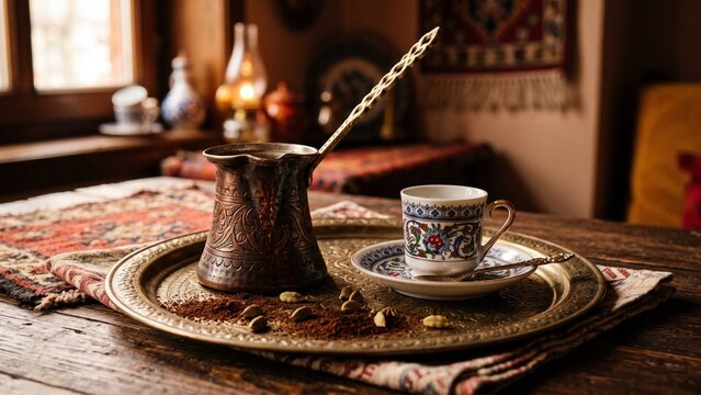 Traditional Turkish coffee served in a copper cezve and a patterned cup on a brass tray