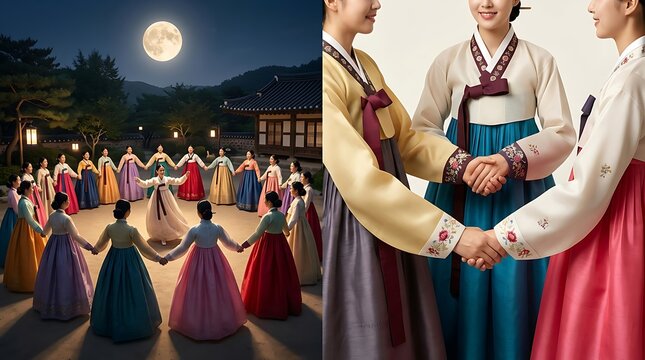 Women in traditional hanbok performing a circle dance under full moon