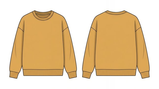 Mustard Yellow Oversized Sweatshirt Front and Back View Technical Drawing for Fashion Apparel Design Mockup