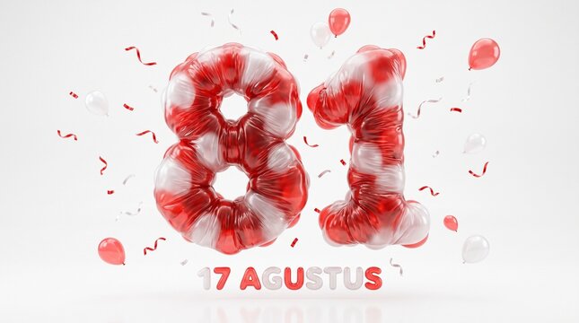 3D Red and White Foil Balloons Number 81 Dirgahayu Indonesia Independence Day Background