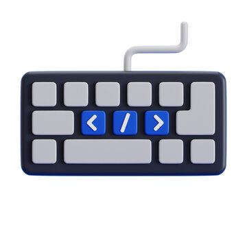 3D rendering of a grey keyboard with coding symbols on the keys