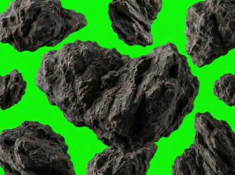 Collection of jagged space rocks and asteroids isolated on a green screen background