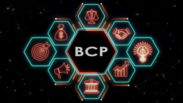 Central word bcp in hexagon neon frame surrounded by business related icons.