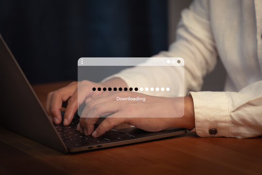 Adult man using laptop computer for download software and waiting to loading digital business data form website, concept of waiting for load of loading bar.