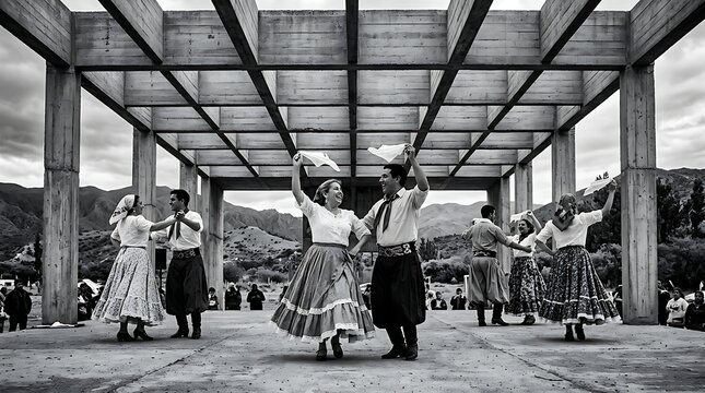 Traditional folklore dancers performing under a concrete structure