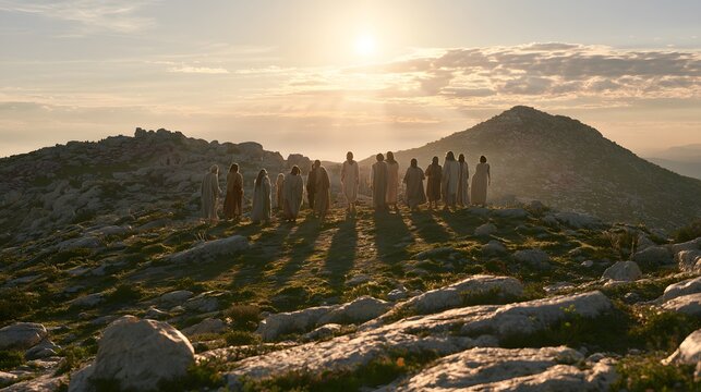 Group of people in ancient robes standing together on a rocky hilltop