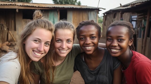 Four Smiling Young Women Taking a Group Selfie in a Rural Village