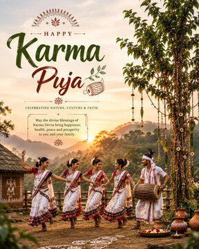 Happy Karma Puja Traditional Tribal Dancers Performing Karam Festival Ritual
