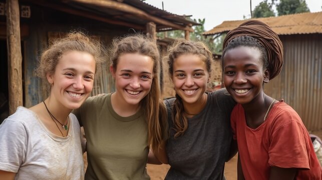 Four smiling young women posing together outdoors in a rustic community setting