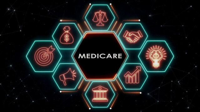 Central word medicare in hexagon neon frame surrounded by business related icons.
