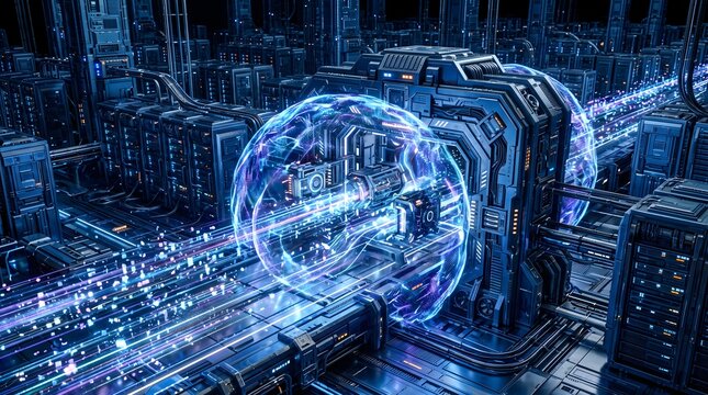 Futuristic Cyberpunk Server Farm with Holographic Data Spheres, High Tech Computer System, Advanced Technology Infrastructure, Glowing Digital Energy Network and Data Processing