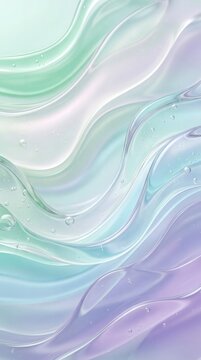 Abstract background with flowing liquid waves in soft pastel mint green and lavender purple colors.